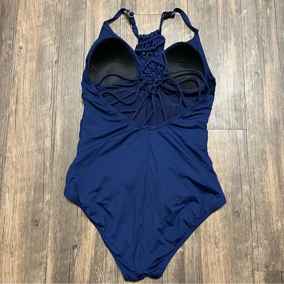 Jantzen Navy Blue Macrame Strappy Back One Piece Ruched Bathing Suit Swim M - Picture 12 of 14